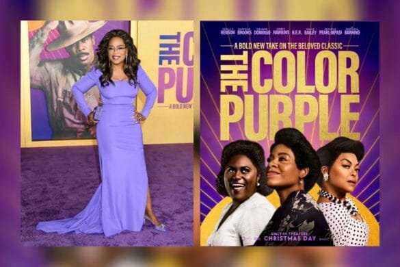 Oprah Winfrey à la Première du film "La couleur pourpre" et l'affiche du film.