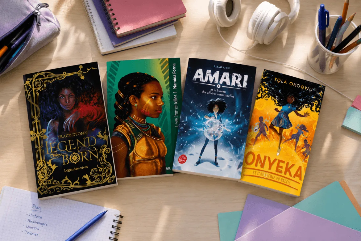 Livres africains et afrodescendants pour ados, 4romans fantasy avec des héros noirs disposés sur une table