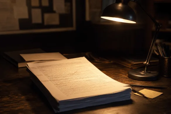 Un manuscrit imprimé posé sur un bureau sous une lampe - Jerry Falade