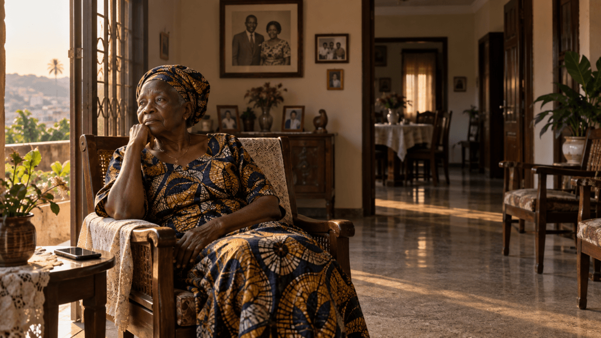 Femme âgée seule dans une maison familiale, illustration des conséquences de l’émigration africaine sur les parents restés au pays.